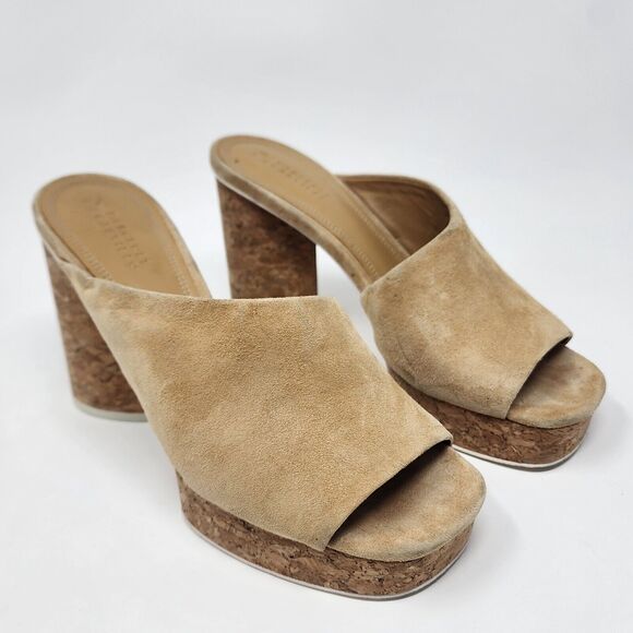 Mercedes Castillo Heels Women 7.5M Chiara Tan Suede Cork Platform Mules Open Toe - Picture 1 of 11
